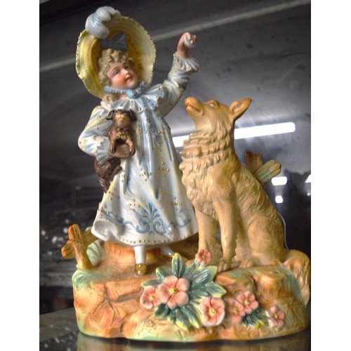 81 - Antique/Vintage Hand-Decorated Bisque Figure of a Girl with Two Dogs - approx 11