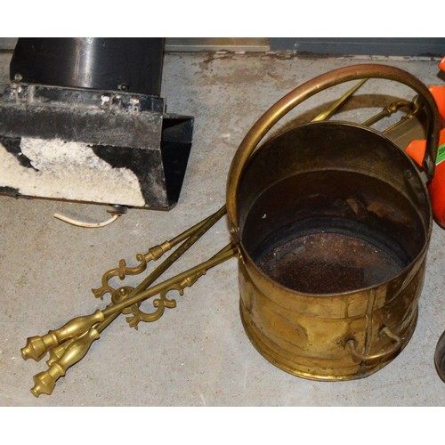 90 - Collection Brass Fire-Side Items:  Shovel, Tongs, Poker and Small Scuttle