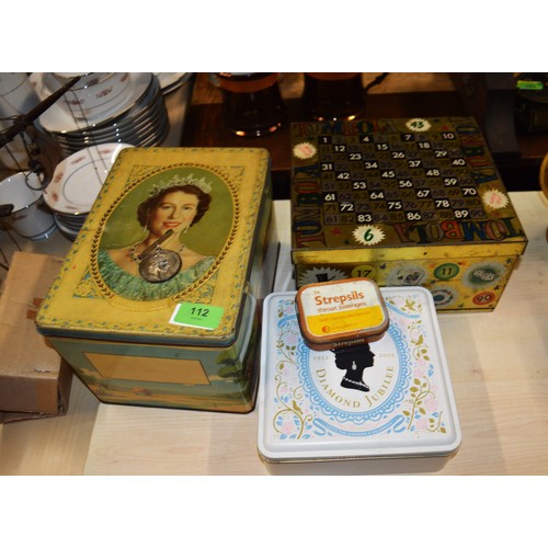 91 - Three Vintage Cake/Biscuit Tins and One Other, Plus a Brooch (1953 QE II)