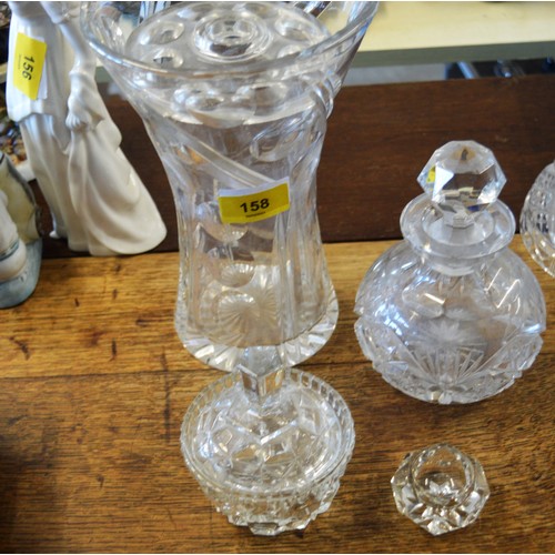 112 - Four Good Quality Crystal/Pressed Glass Items:  Vase, Jar with Stopper, Lidded Jar, and One Salt
