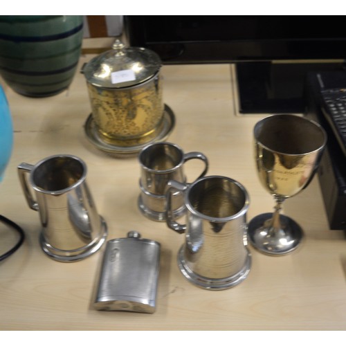 32 - Box Mixed Metal-Ware including Beer Steins, Hip Flask, Ice Bucket, and Athlete's Winner's Trophy 192... 