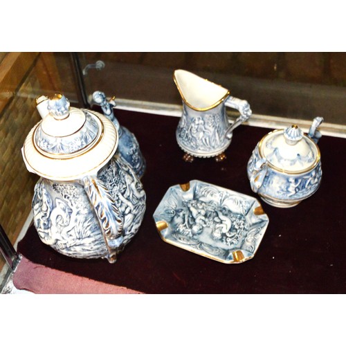 194 - Capodimonte Blue and White Embossed Porcelain Coffee Set (Coffee- Pot, Sugar Bowl and Milk Jug), Plu... 