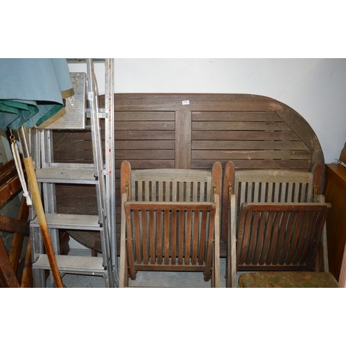 232 - Large Teak Garden Table with Two Chairs, and Parasol