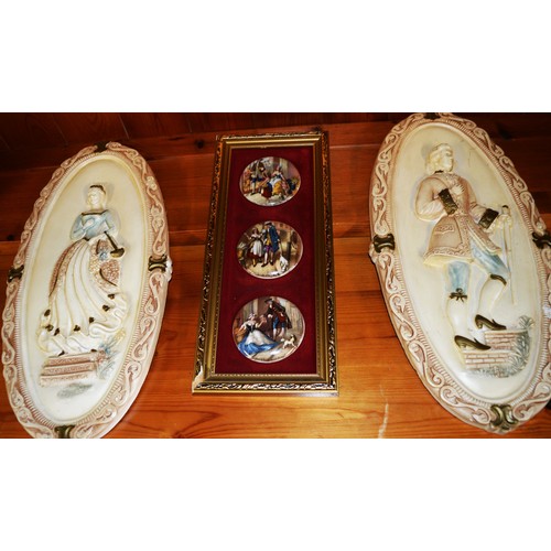 38 - Two Bas Relief Plaques of Regency Figures plus Three Items of Pratt-ware on a Gilt Framed Base