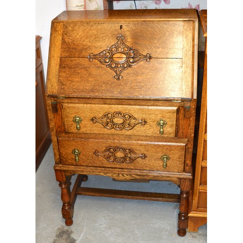 49 - Solid Oak Fall-Front Writing Bureau having Two Drawers and Carved Detail