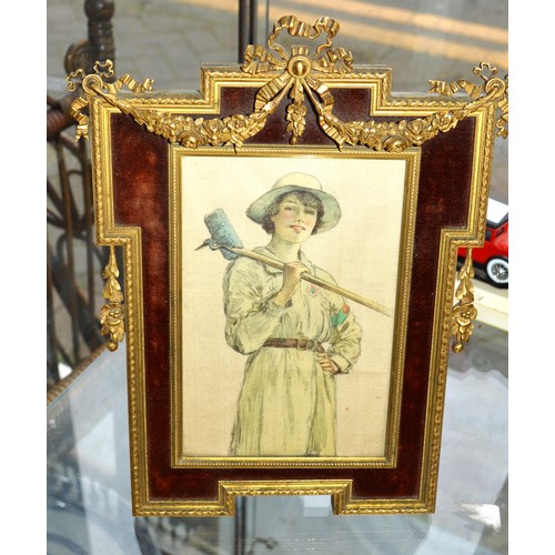 19 - WWI Lithograph on Cloth of a Land Girl in an Ornate Gilt Frame (No. 640 on Back-Plate)