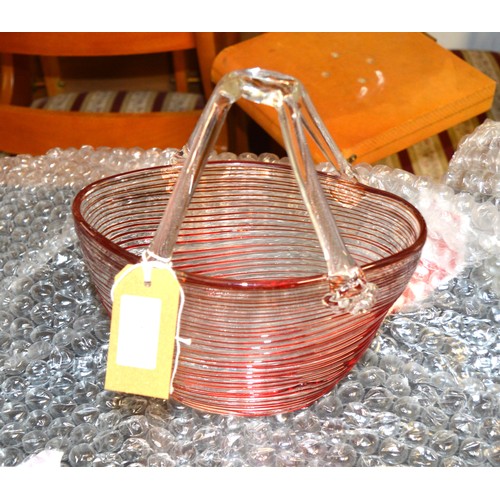 37 - Hand-Made Glass Handbag - Clear Glass with Applied Red Banding - (Possibly Murano) - Tiny Chip to Re... 