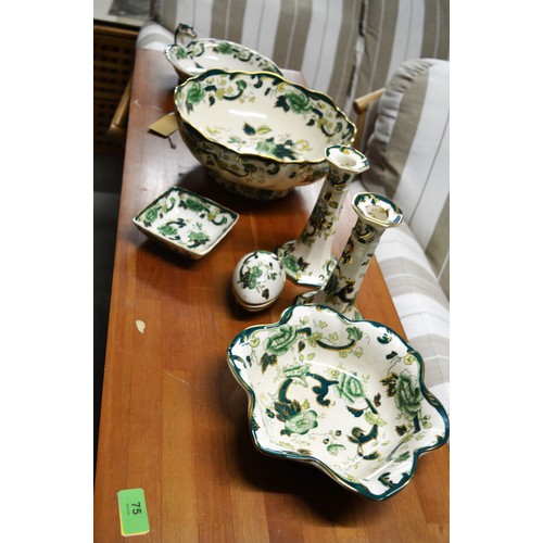 41 - Masons Chartreuse China Assorted:  Pair Candlesticks, Large Fruit/Salad Bowl, Two Irregular Shaped B... 