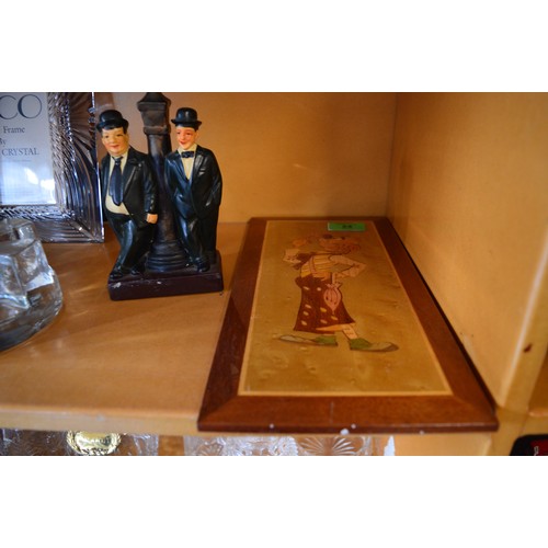 24 - Pottery Ornamental Laurel and Hardy, Plus a Marquetry Panel of a Clown