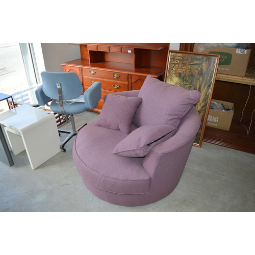 135 - Plum Fabric Large Round Swivel Chair with Cushions