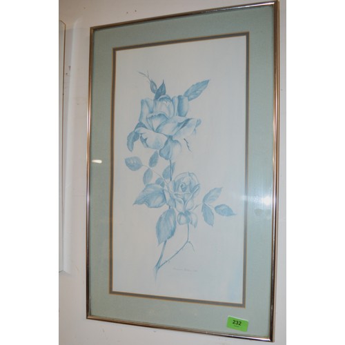 187 - Framed and Mounted (Under Glass) Print of Roses, Signed by Maureen McShane (?) 1985