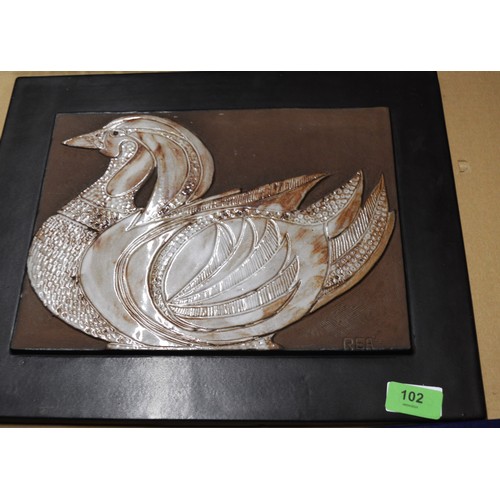 263 - Large Ceramic Studio Pottery Tile featuring a Japanese Duck Signed REA, Possibly German Manufacture ... 