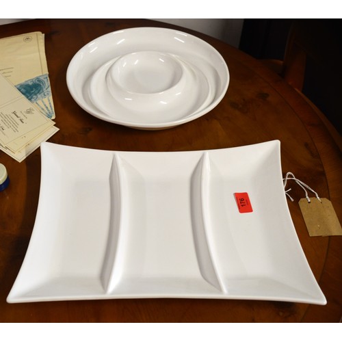 273 - Two Portuguese Ceriart White Serving Platters:  Three-Sectioned Rectangular (16