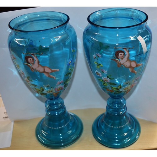 132 - Pair of Turquoise Glass Vases having Hand-painted Cherub and Flower Design - 1 Foot High