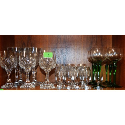 4 - Large Quantity Good Quality Crystal/Glassware:  Set of Six Green Stemmed Wine Glasses, Two Sets of F... 