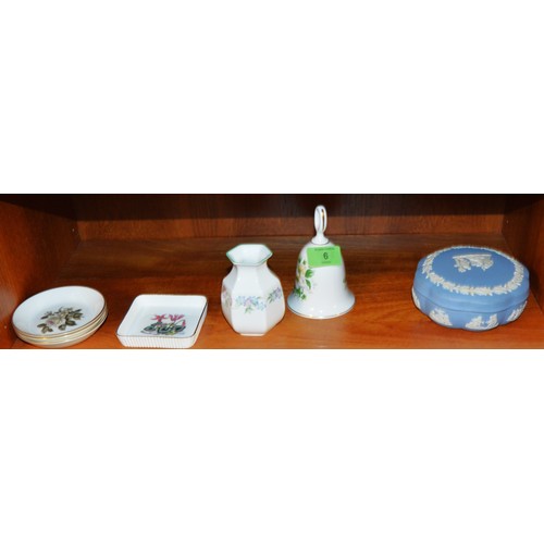 6 - Assorted China:  Wedgwood Lidded Bowl, Royal Worcester Pin Dishes, and Vase, Plus a China Bell