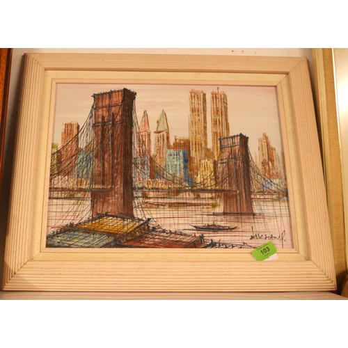 103 - Framed Oil on Canvas of New York City (including the Two Towers)