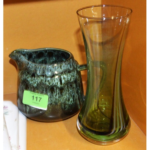 117 - Green Glass Vase with a Vertical Stripe Pattern with a 1970s Mottled Green Lava Glaze