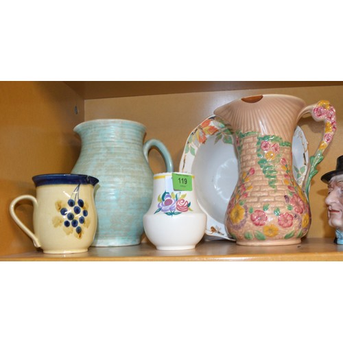 119 - Pottery/China:  Two Arthur Wood Jugs (One has a Repaired Break to Handle), a Poole Vase, a Meakin Bo... 