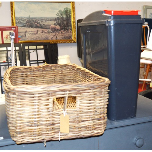 58 - Wicker Basket (with Central Divider), Plus a Wham Plastic Waste Bin