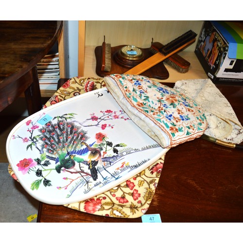 33 - Assorted:  Two Serving Trays, a Tray Cloth, Crewel Work Tea-Cosy