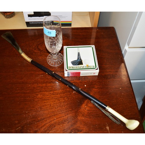 48 - Assorted Golf-Theme Items:  Long-Handled Shoe Horn, Set of Coasters, and a Presentation Crystal 