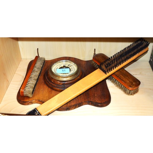 51 - Hallway Barometer and Brush Set in Oak, Plus One Other Long-Handles Brush