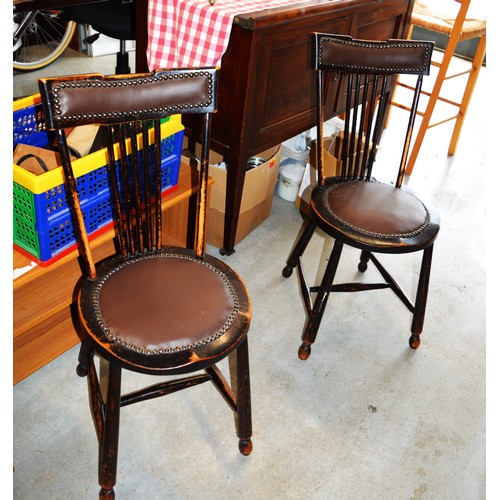 161 - Pair of Antique Ebonised Hardwood Spindle-Back Penny Chairs with Studded Leather Seats and Back Pane... 