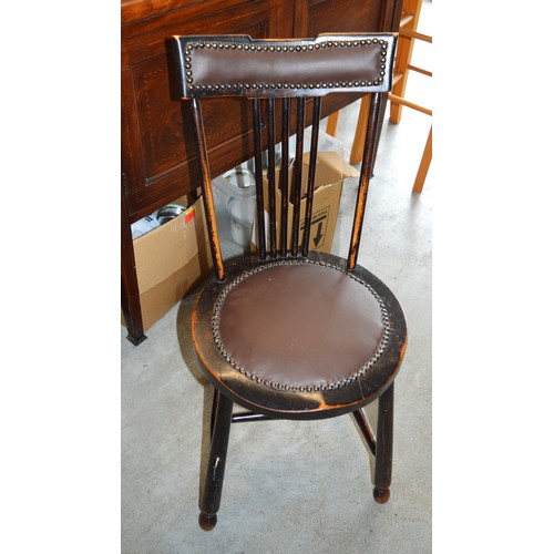 161 - Pair of Antique Ebonised Hardwood Spindle-Back Penny Chairs with Studded Leather Seats and Back Pane... 