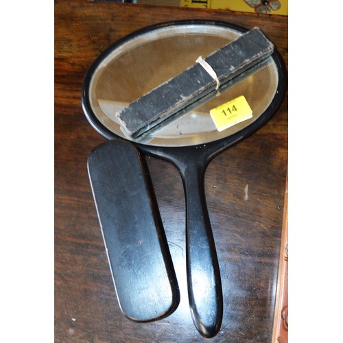 114 - Ebonised Hand Mirror and Brush, and a Cut-Throat Razor