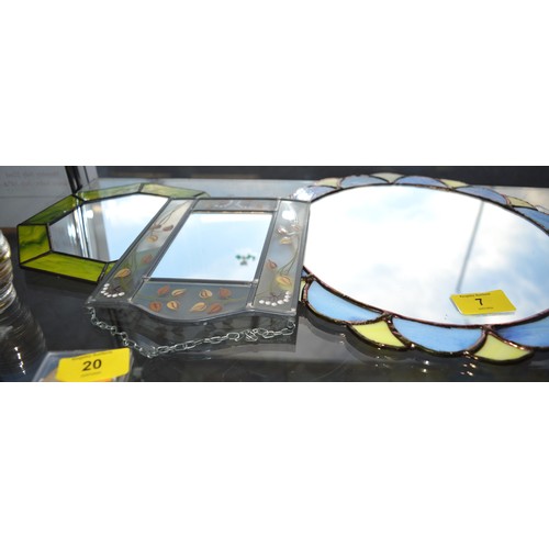 7 - Three Lead-Glass-Framed Mirrors - One (Blue and Yellow Scallop Edge) Hand-Painted by 