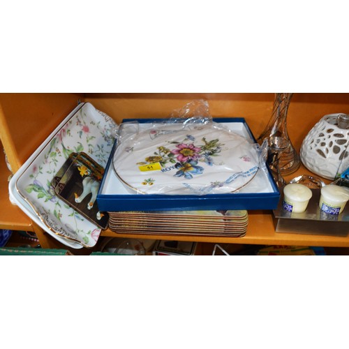 51 - Assorted: Boxed Royal Worcester Cake Stand, Plus a Wedgwood China Sandwich Tray, Set of 12 Placemats... 