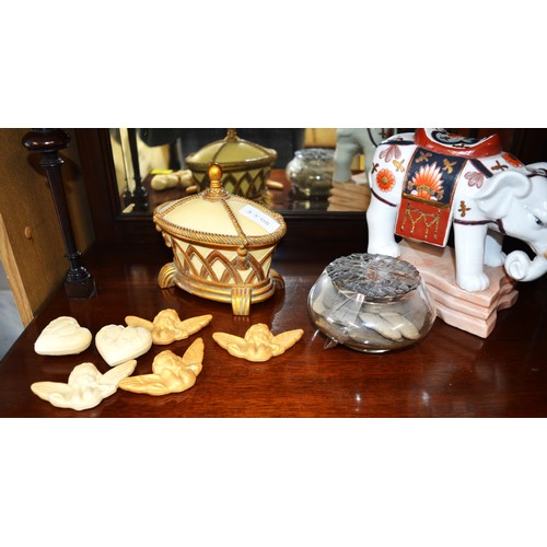 10 - Assorted Ornamentals:  Ceramic Elephant, Gilt-Decorated Lidded Pot, Plus One Other