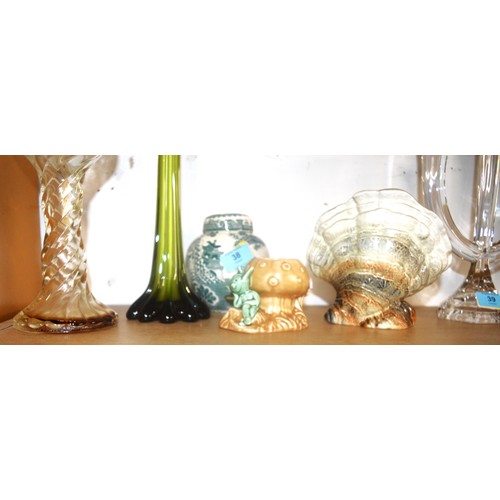 98 - Vintage China-Ware:  a Green Fluted Stem Vase, a Masons Ginger Jar, and Two Sylvac Vases (Shell Shap... 