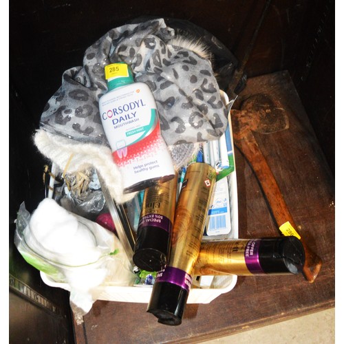 285 - White Plastic Basket with Large Quantity of (Mostly Unopened) Bathroom Items:  Toothbrushes, Corsody... 