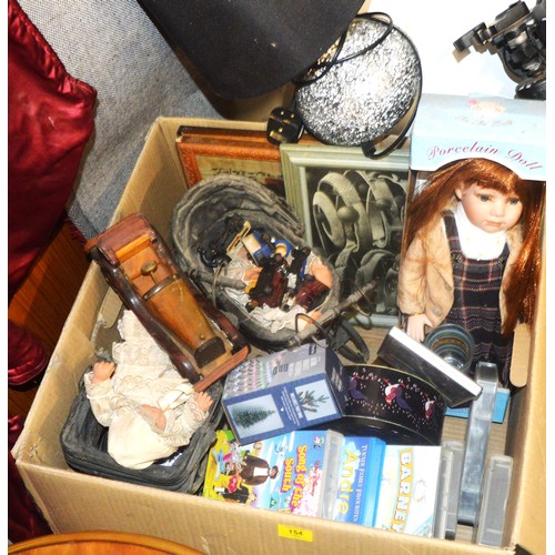 154 - Box of Bric-a-Brac:  Mainly Toys (2 x Mini Prams, Doll, Wooden Cars, etc)