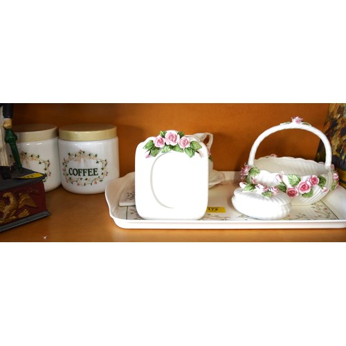 35 - Serving Tray with China-Ware Vanity Items, Plus a Floral Basket Bowl and Two Storage Cannisters