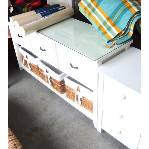 200 - Kitchen/Utility Room Chest in White having Three Deep Drawers and Three Baskets, and Glass Top - app... 