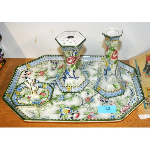 29 - China-Ware Vanity Set:  Tray, Ring Holder, Vase and Candle-Stick