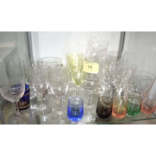 18 - Quantity of Drinking Glasses including Two Sets of 4 Spirits Tumblers, Coloured Glasses, etc