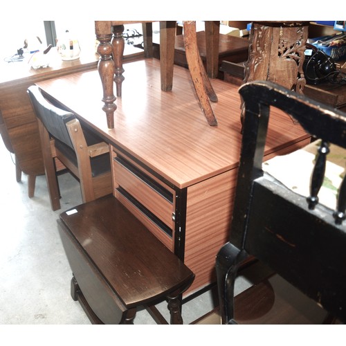 47 - Veneered Teak Single Pedestal Three Drawer Desk and a Faux Black Leather Chair