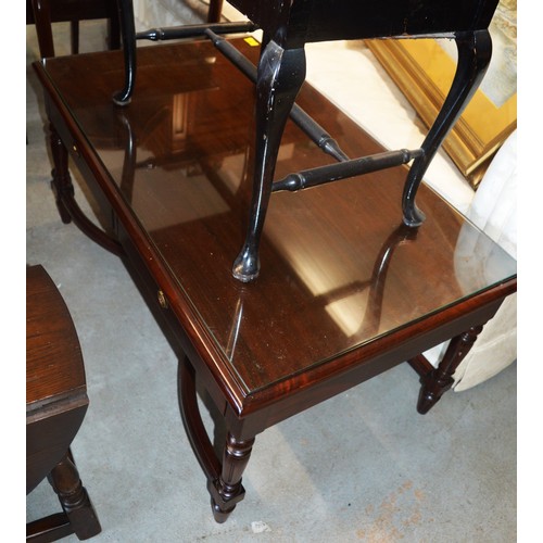 49 - Glass Topped Mahogany Coffee Table on Tapered Legs with Curved Stretchers