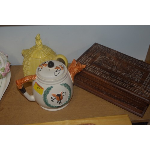 65 - Assorted:  Two Teapots (One damaged), Plus a Carved Oak Stationery Box (Hinge Damaged)