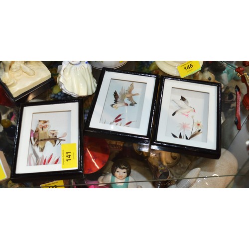 95 - Set of Three Framed Feather Artworks, Plus a Lustre-Glazed Pottery Owl