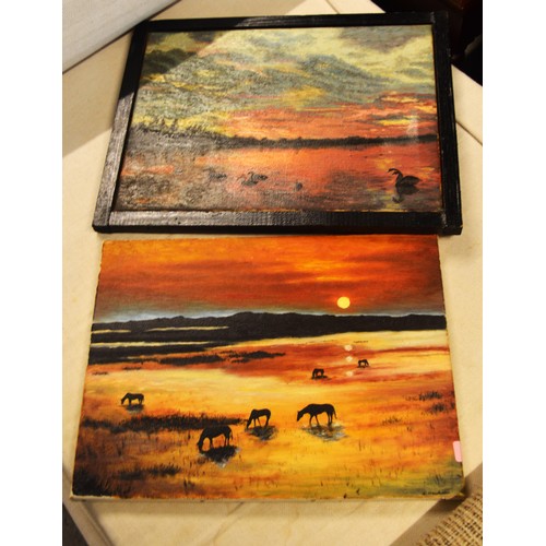 65 - Two Stretched Canvas Oil Artworks by John Hawksett: Horses and Swan