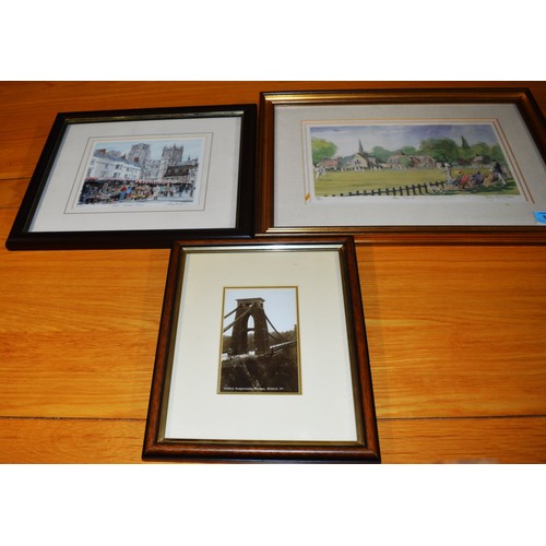 260 - Three Framed and Mounted Artworks of English Scenes:  Ltd Edition Watercolour Print of a Cricket Sce... 