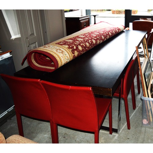 51 - Very Large Ebonised Dining Table on Two Metal Square Bracket Supports, Plus Ten Dining Chairs in Red... 