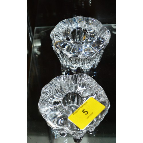 5 - Two Clear Glass (Crystal) Scandinavian Candle Holders 