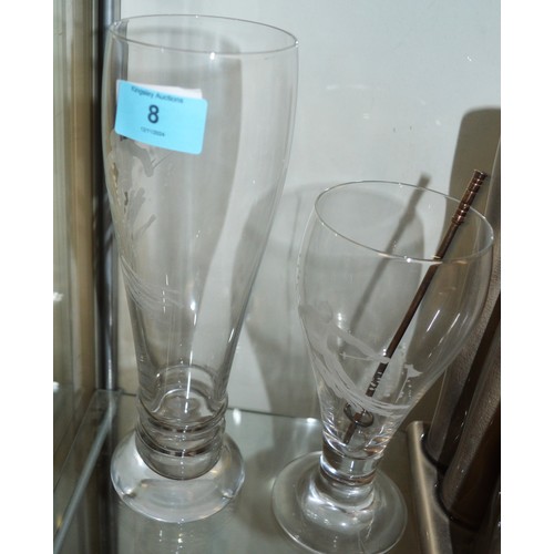 24 - Two Beer Glasses - both having Skiing Figural Etching Design, Plus a Ski-Design Cocktail Stirrer