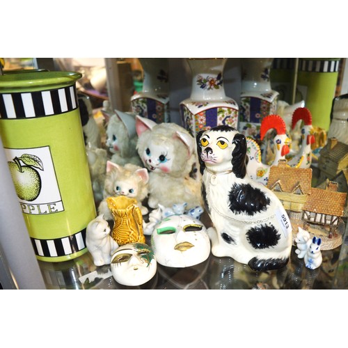 32 - Assorted Ornaments (many Cats) including Two Face Masks, Staffordshire Style Dog, Two Vases, etc